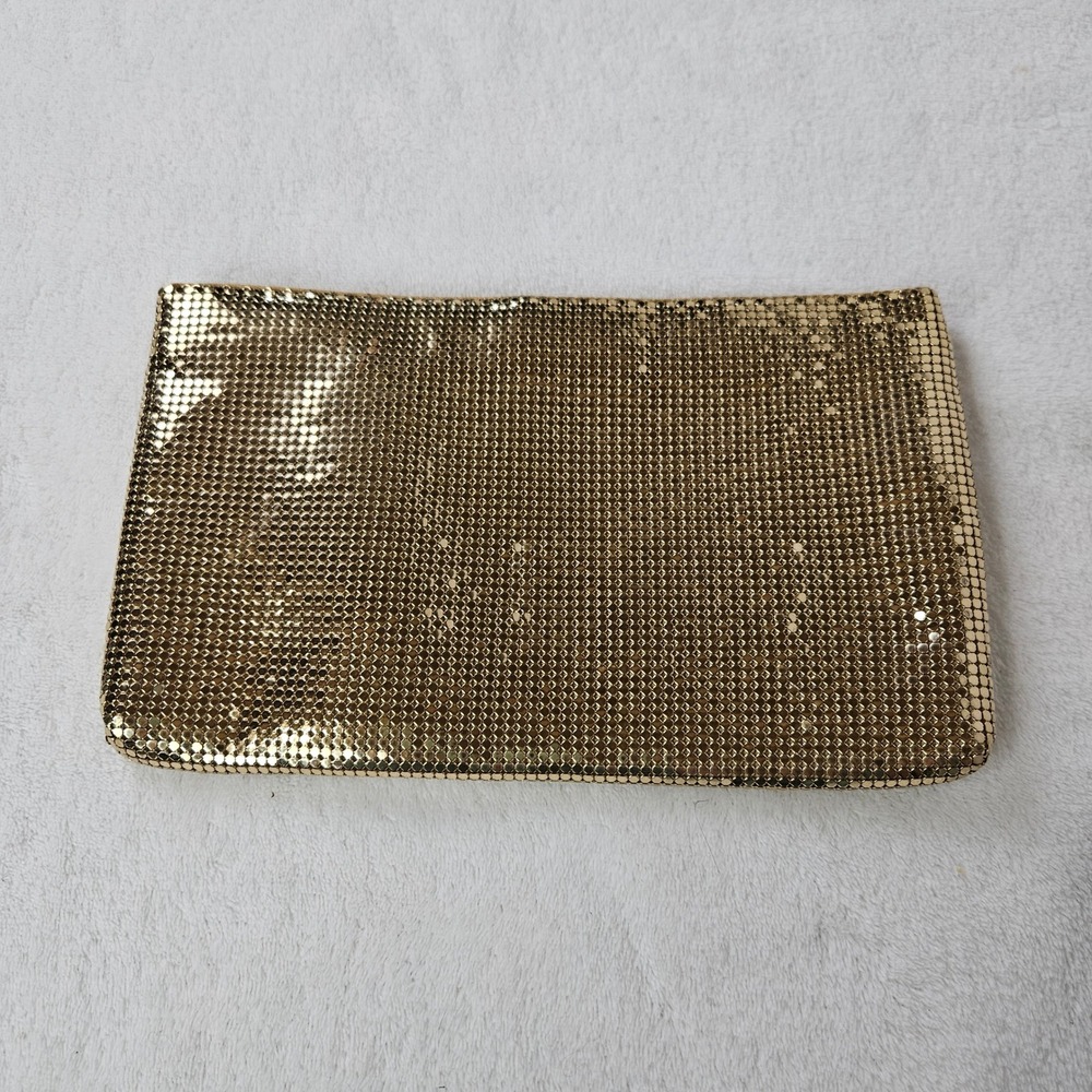 Whiting and Davis Gold Metal Mesh Zipper Clutch Evening Bag Vintage Style